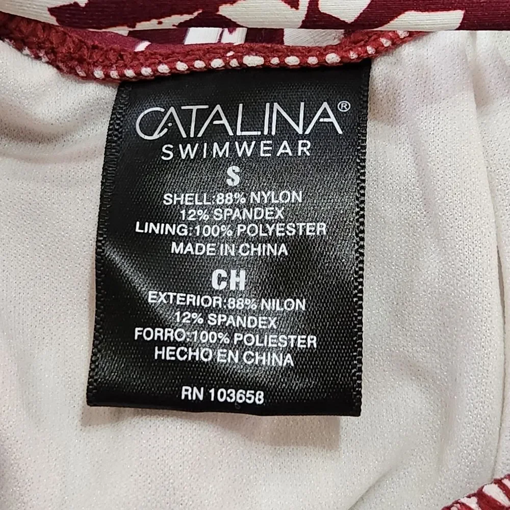 Catalina Tropical Palm Smocked Lace-Up Back Maroon One Piece Swimsuit Small Surf
